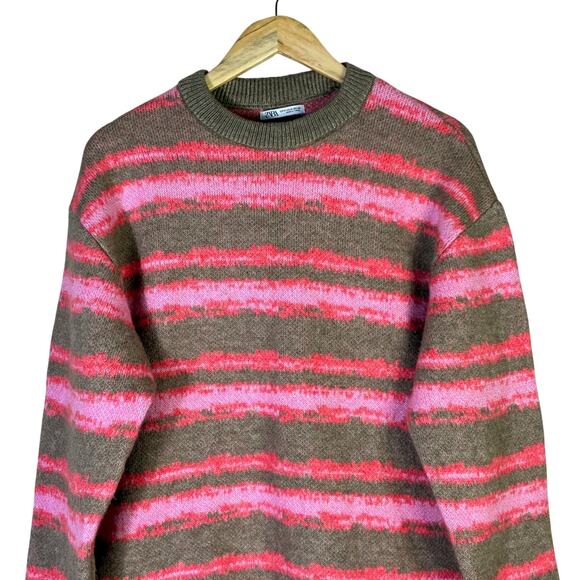 Zara Striped Knit Oversized Sweater Womens M Brown Pink Cozy Indie Retro Y2K - Picture 3 of 7